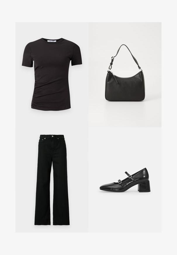 Melnas īsām piedurknēm krekls, izgatavots no mīkstas auduma, ar apaļu kakla izgriezumu un sapludināšanu kreisajā pusē, lai nodrošinātu smalku tekstūru.; Melni denimi džinsi ar augsto jostasvietu, platu kāju griezumu, ar priekšējo pogu un rāvējslēdzēju, kā arī klasisko piecu kabatu dizainu.; Melnas patenta ādas Mary Jane kurpes ar izteiksmes pirkstu, divām regulējamām siksnām un masīlu blokveida papēdi. Gluda tekstūra un spīdīga apdare.; Melnas ādas rokassomu ar izliekta formu, vienu siksnu, ar rāvējslēdzēju aizdari un diskrētu zīmolu uz priekšpuses. Gluda tekstūra, minimālisma dizains.