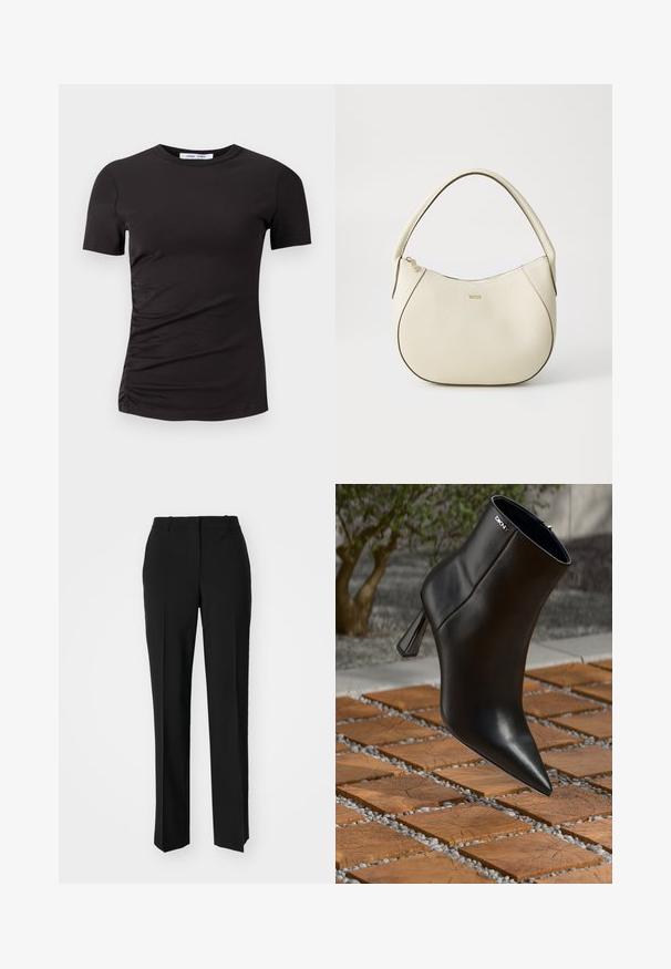 Černé tričko s krátkým rukávem vyrobené z měkké látky, s kulatým výstřihem a zdobením na levé straně pro jemnou texturu.; Černé kalhoty na míru se střihem do rovna, které mají hladkou texturu a ostré sklady na přední straně. Bez viditelného kování.; Černá kožená kotníková bota s špičatou špičkou a geometrickým podpatkem. Obsahuje jemné značení a hladkou texturu. Pozadí je tvořeno texturovanými dlaždicemi.; Kabelka krémové barvy s texturovaným povrchem, zakřiveným tvarem, krátkým uchopením a zlatým logem. Zapínání na zip na vrchu.