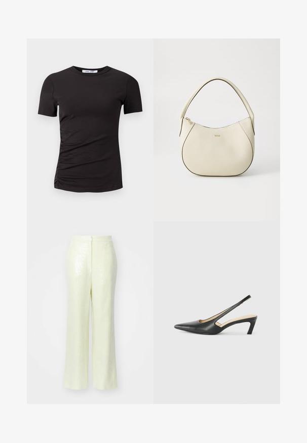 Schwarzes kurzes T-Shirt aus weichem Stoff, mit Rundhalsausschnitt und gerafften Details an der linken Seite für eine dezente Textur.; Helle gelbe, mit Pailletten besetzte Hose mit weitem Bein, die über eine glatte Textur und einen dezenten Reißverschluss hinten verfügt.; Schwarzer spitz zulaufender Slingback-Schuh mit niedrigem Absatz, der aus glattem Leder gefertigt ist und seitliche Ausschnitte für Atmungsaktivität aufweist.; Cremfarbener Handtasche mit strukturiertem Finish, gebogener Form, kurzem Griff und Logo-Detail in Gold. Reißverschlussverschluss oben.