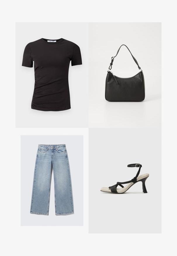 Black short-sleeve t-shirt made of soft fabric, featuring a crew neck and gathered detailing on the left side for subtle texture.; Light blue wide-leg jeans made of denim with subtle fading. Features five pockets, a button closure, and contrast stitching details.; Black heeled sandal with braided strap design, square toe, and adjustable ankle strap. Light beige footbed with a glossy black heel.; Black leather handbag with a curved shape, a single strap, zip closure, and subtle branding on the front. Smooth texture, minimalist design.