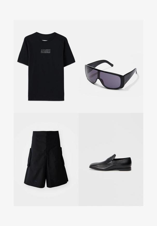 Fekete pamut póló rövid ujjakkal és kerek nyakkal. Fehér számjegy nyomtatás található a mellkasán, egy stilizált '6'-ossal.; A-COLD-WALL* FORM SHORT - Rövidnadrágok - black onyx; Fekete bőr, slip-on stílusú cipő, hegyes orral, sima textúrával és diszkrét logóval az oldalon. Alacsony sarokkal és letisztult, minimalista dizájnnal.; Fekete napszemüveg, átfogó kialakítással, sötétített lencsékkel, sima műanyag kerettel és diszkrét logóval a szárán.