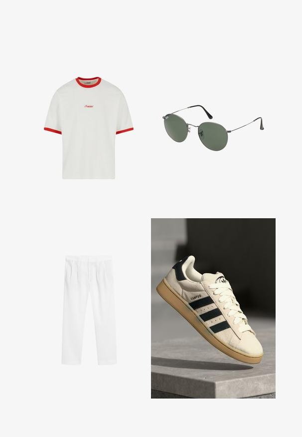 T-shirt bianca con colletto e polsini a costine rossi. Presenta la scritta "Proibito" ricamata in rosso al centro davanti. Taglio boxy, maniche corte.; Pantaloni bianchi leggeri con una vestibilità rilassata. Caratterizzati da una vita elastica, fronte piatto e tasche laterali. Texture liscia, gambe dritte.; Sneaker in suede beige con tre strisce blu scuro, lacci bianchi e suola in gomma beige. Presenta un logo sulla linguetta e il testo "CAMPUS".; Occhiali da sole con montatura in metallo e lenti verdi ovali. Montatura sottile in metallo argento e terminali neri. Design minimalista, senza loghi visibili.