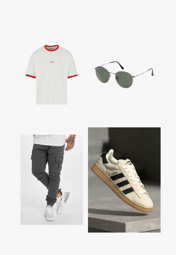 T-shirt bianca con colletto e polsini a costine rossi. Presenta la scritta "Proibito" ricamata in rosso al centro davanti. Taglio boxy, maniche corte.; Pantaloni cargo grigi con molte tasche, gamba affusolata e polsini regolabili, abbinati a sneakers bianche con accenti neri e suole trasparenti.; Sneaker in suede beige con tre strisce blu scuro, lacci bianchi e suola in gomma beige. Presenta un logo sulla linguetta e il testo "CAMPUS".; Occhiali da sole con montatura in metallo e lenti verdi ovali. Montatura sottile in metallo argento e terminali neri. Design minimalista, senza loghi visibili.