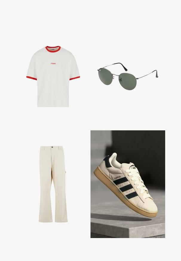 T-shirt bianca con colletto e polsini a costine rossi. Presenta la scritta "Proibito" ricamata in rosso al centro davanti. Taglio boxy, maniche corte.; Pantaloni beige a gamba larga realizzati in tessuto misto cotone con chiusura a bottone. Presentano tasche laterali e una texture sottile. Dettagli delle cuciture visibili.; Sneaker in suede beige con tre strisce blu scuro, lacci bianchi e suola in gomma beige. Presenta un logo sulla linguetta e il testo "CAMPUS".; Occhiali da sole con montatura in metallo e lenti verdi ovali. Montatura sottile in metallo argento e terminali neri. Design minimalista, senza loghi visibili.