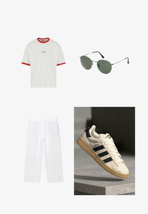 Valkoinen t-paita, jossa on punaiset ribbireunat kauluksessa ja hihansuissa. Edessä keskellä on punaisella brodeerattu sana "Kielletty". Suora leikkaus, lyhyet hihat.; Valkoiset pellavapolkka-housut, joissa on joustava vyötärö, nauhakuja ja kaksi sivutaskua. Sujuva rakenne ja kevyt muotoilu mukavuutta varten.; Beige mokkanahka lenkkarit, joissa on kolme tummansinistä raitaa, valkoiset nauhat ja vaaleanruskea kumipohja. Kengissä on logo kielessä ja "CAMPUS"-teksti.; Aurinkolasit metallikehyksillä, joissa on soikeat vihreät linssit. Ohut hopeinen metallikehys ja mustat korvapehmusteet. Minimalistinen muotoilu, ei näkyviä logoja.