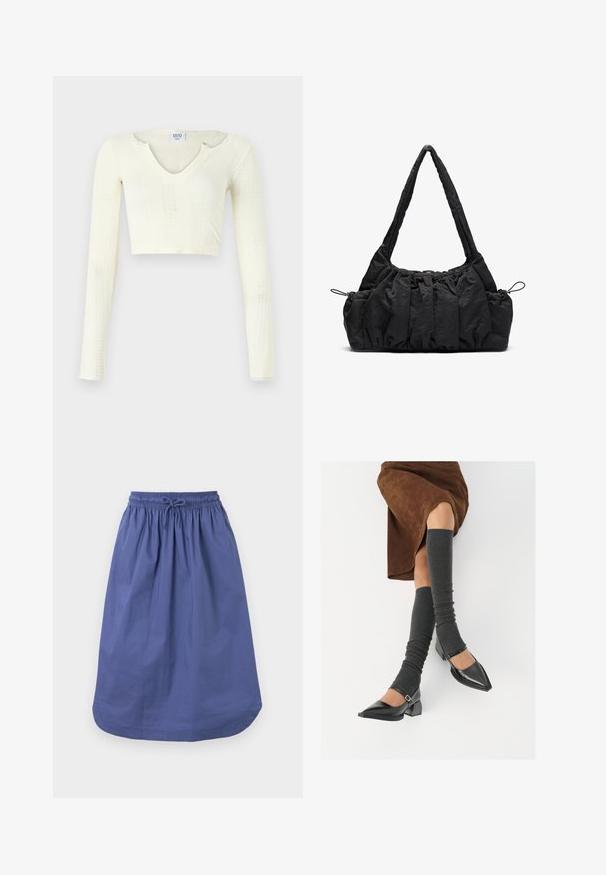 Crop top in off-white knit material. Long sleeves with ribbed texture and small cut-out details around the neckline.; Blue cotton skirt with an elastic waistband and drawstring. A-line shape, knee-length, smooth texture, and no patterns or accents.; Black patent leather pointed-toe shoes with a block heel and ankle strap, paired with gray ribbed leg warmers and a brown suede skirt.; Black fabric handbag with gathered texture, two shoulder straps, and drawstring closure on sides. Smooth, lightweight material.