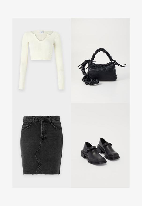Off-white kötött anyagú crop top. Hosszú ujjak, bordás textúrával és kis kivágásokkal a nyakkivágás körül.; Magas derekú fekete farmer szoknya, egyedülálló aszimmetrikus dizájnnal, rojtos szegéllyel és klasszikus, öt zsebes stílussal.; Fekete bőr cipők lekerekített orral, lapos talppal és csattal díszített pánttal. Masszív blokk talp a megnövelt stabilitásért.; Fekete műbőr kézi táska krokodil bőr textúrával, összehúzható tetejű és gyűrt pánttal. Lágy és kompakt dizájnúnak tűnik.