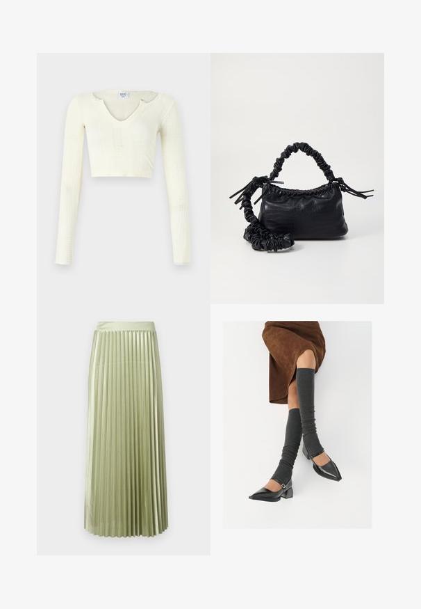 Crop-Top aus cremefarbenem Strickmaterial. Lange Ärmel mit gerippter Textur und kleinen Aussparungen am Kragen.; Faltender Midirock aus leicht grünem Satin mit glatter Textur. Figurbetonter Bund, fällt bis zur Mitte der Wade, mit gleichmäßigen vertikalen Falten im gesamten Rock.; Schwarze lacklederne spitze Schuhe mit Blockabsatz und Knöchelriemen, kombiniert mit grauen gerippten Beinstulpen und einem braunen Wildlederrock.; Schwarze Handtasche aus Kunstleder mit Krokodilstruktur, gerafftem oberen Teil und einem geschoppten Tragegurt. Sie wirkt weich und kompakt im Design.