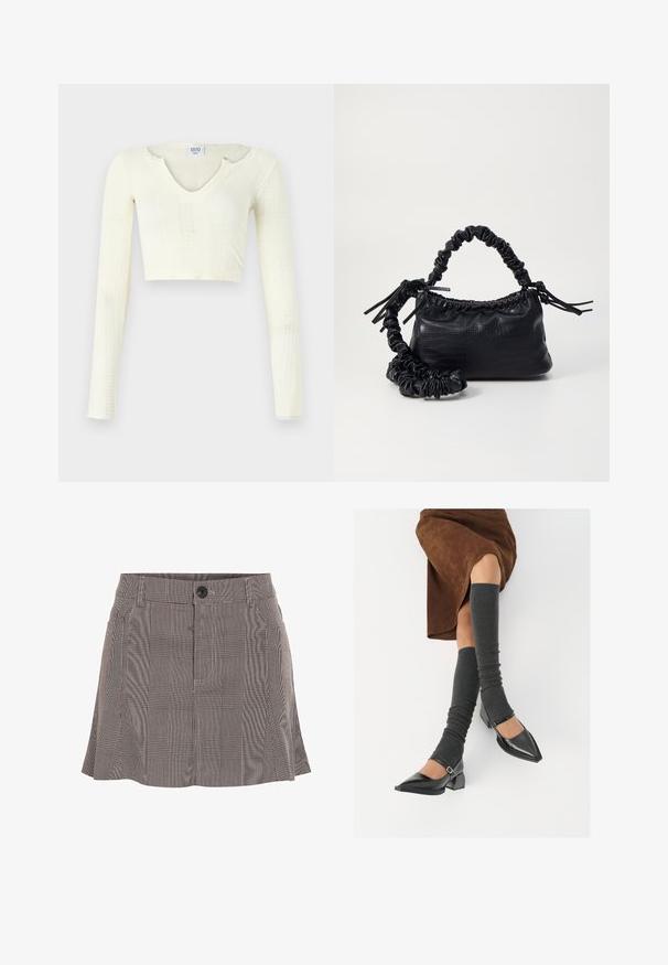 Kratka majica iz off-white pletenine. Dolgi rokavi z rebrastim vzorcem in manjšimi izrezi okoli izreza.; Karirana krila v črno-beli barvi, izdelana iz lahkega materiala, z pasom, ki ima gumb, in nabranim dizajnom za dodatne podrobnosti.; Črne lakirane čevlje s pointy prsti in blok peto ter z naramnicami za gleženj, ki jih kombiniramo s sivimi rebrastimi nogavicami in rjavim suknjičem iz usnja.; Črna torbica iz umetnega usnja s krokodilovo teksturo, z zvitim vrhom in zmečkano naramico. Zdi se mehka in kompaktna v oblikovanju.
