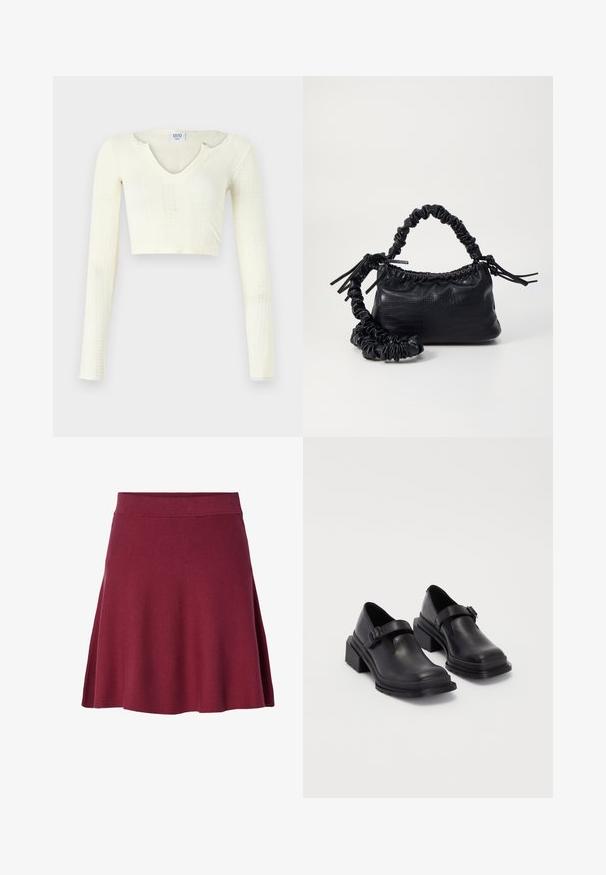 Top crop em material de malha off-white. Mangas longas com textura canelada e pequenos recortes à volta do decote.; Saia até ao joelho de cor borgonha, feita de um tecido suave e elástico; design evasé com um cós liso e sem fechos ou padrões visíveis.; Sapatos de couro pretos com um bico redondo, sola plana e uma fita com detalhe de fivela. Salto bloco robusto para maior estabilidade.; Bolsa de mão em couro sintético preto com textura de crocodilo, topo franzido e alça enrugada. Apresenta um design suave e compacto.