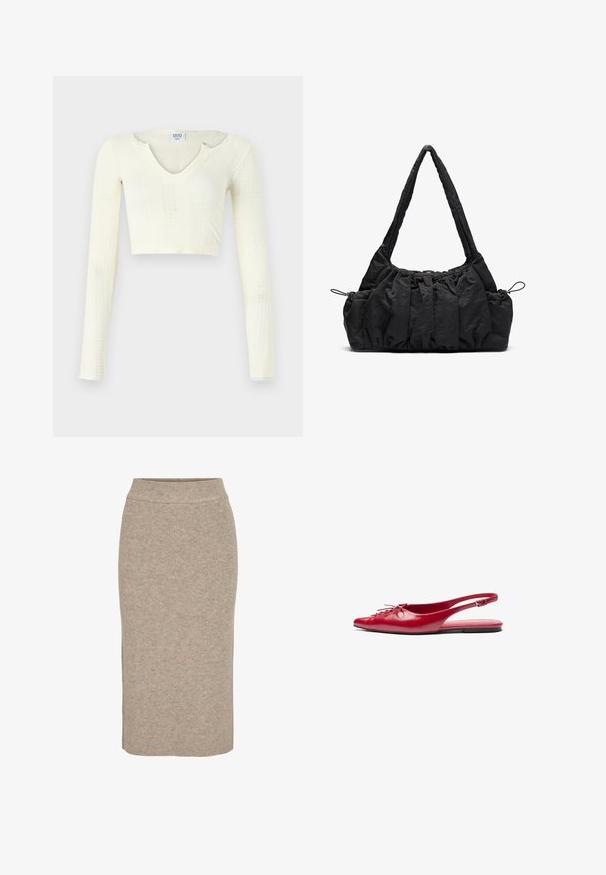 Balti aukštosios iš off-white mezginio medžiagos. Ilgos rankovės su raukšlėta tekstūra ir mažais išpjovimų detalėmis aplink apykaklę.; Šviesiai kreminis megztas pieštuko sijonas, turintis pupelių tekstūrą, aukštą juosmenį ir siaurą siluetą. Hemas krenta žemiau kelių.; Raudoni odiniai slingback baja su smailiu pirštu ir dekoratyviu raišteliu priekyje, turintis ploną kulkšnies dirželį ir plokščią padą.; Juodas audinio rankinukas su suraizgytu tekstūru, dviem petinėmis rankenomis ir raišteliu šonuose. Sklandus, lengvas audinys.