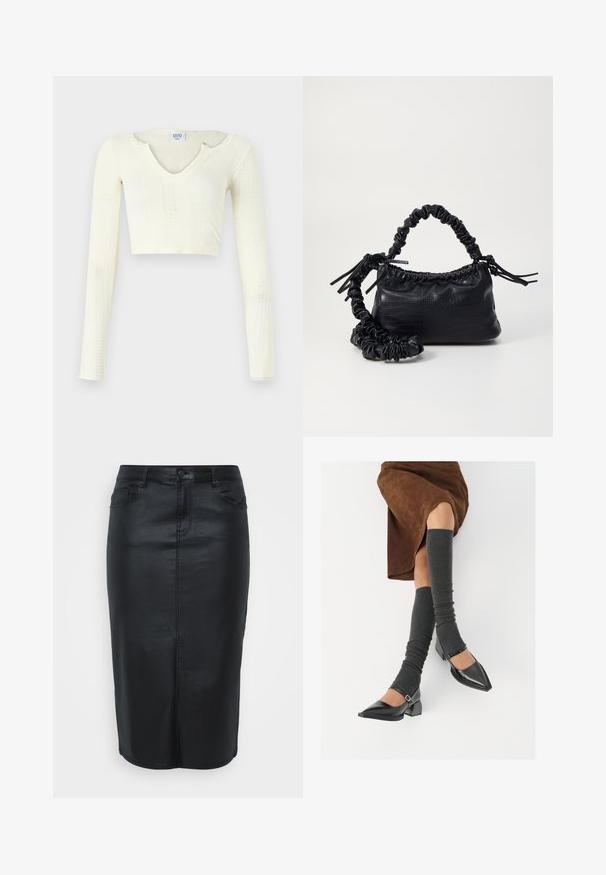 Kopš topa no off-white adīšanas materiāla. Garas piedurknes ar ribu tekstūru un maziem izgriezumiem ap kaklu.; Melna džinsu svārku zīmola ar augstu jostu, piecu kabatu dizainu un priekšējo pogu aizvēršanu. Gluda tekstūra un līdz ceļiem īsa griezuma.; Melnas laka ādas apavi ar norādītu purngalu, blokveida papēdi un potīšu jostu, saskaņoti ar pelēkām ribotām kāju sildītājām un brūnu zamšādas svārku.; Melnā mākslīgās ādas rokassoma ar krokodila rakstu, savilkta augšdaļa un saburzīta siksna. Izskatās mīksta un kompakta pēc dizaina.