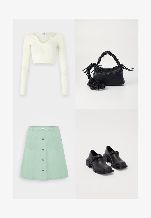 Lyhyt toppi off-white neulemateriaalista. Pitkät hihat, joissa on ribbitekstuuri ja pieniä leikkuukohtia kauluksessa.; Mint-vihreä farkkuhame, jossa on nappikiinnitys, kaksi etutaskua ja levenevä muotoilu. Teksturoitu kangas, jossa näkyviä ompelutietoja.; Mustat nahkakengät, joissa on pyöreä varvas, litteä pohja ja soljellinen hihna. Paksu lohkopohja lisää vakautta.; Must-have mustekahvi nahkalaukku krokotiiliaistalla, kiristetty yläosa ja rypistetty hihna. Näyttää pehmeältä ja kompaktilta muotoilultaan.