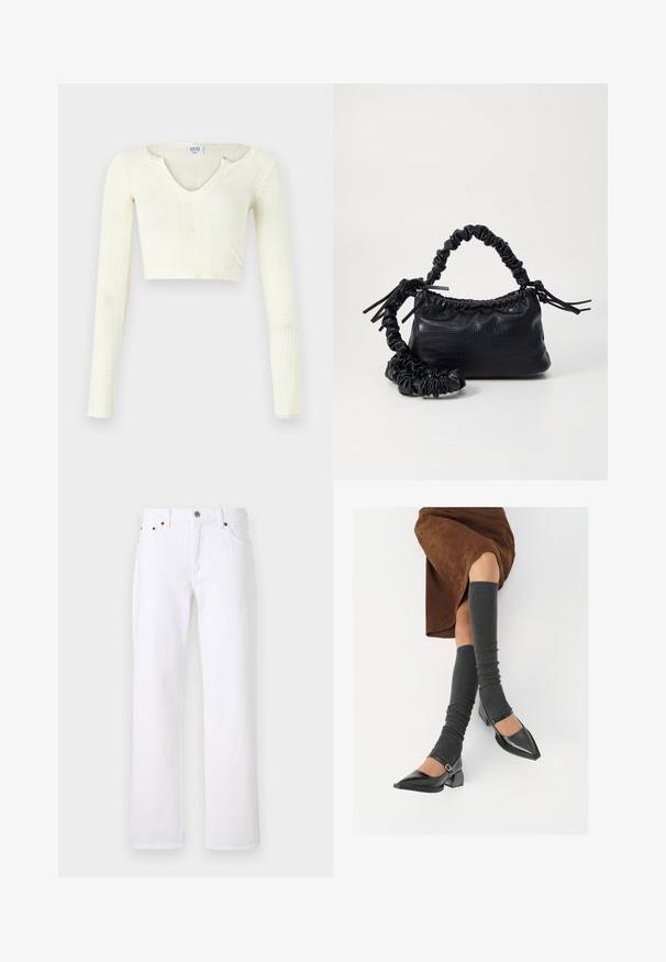 Crop top in maglia color avorio. Maniche lunghe con texture a coste e piccoli dettagli con tagli intorno al colletto.; Jeans in denim bianco con vestibilità dritta, design a cinque tasche e chiusura a bottone metallico. Include cuciture beige e cuciture a vista.; Scarpe nere in pelle verniciata con punta affilata, tacco a blocco e cinturino alla caviglia, abbinate a scaldamuscoli grigi a coste e una gonna in suede marrone.; Borsa a tracolla in ecopelle nera con texture a coccodrillo, apertura cinchata e tracolla arricciata. Si presenta con un design morbido e compatto.