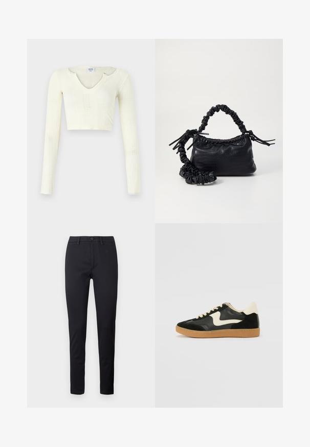 Crop top in maglia color avorio. Maniche lunghe con texture a coste e piccoli dettagli con tagli intorno al colletto.; Pantaloni neri in tessuto liscio, con vita standard, tasche frontali e gambe affusolate. Nessun motivo o dettaglio visibile.; Sneaker nera in suede e pelle con un sorriso laterale crema e un tallone di un leggero crema. Presenta lacci beige e una suola in gomma color caramello.; Borsa a tracolla in ecopelle nera con texture a coccodrillo, apertura cinchata e tracolla arricciata. Si presenta con un design morbido e compatto.