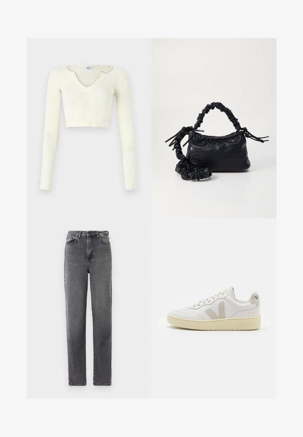 Top scurt din material tricotat de culoare albă murdară. Mâneci lungi cu textură cu rigle și mici decupaje în jurul gâtului.; Jeans din denim gri cu talie înaltă și picioare drepte, cu închidere prin buton și fermoar în față, buzunare frontal și posterior.; Pantofii sport din piele albă cu accente din suede bej, cutie pentru degete perforată, șireturi plate și o talpă texturată de crem. Prezintă branding subtil pe călcâi.; Geantă din faux leather neagră cu textură de crocodil, cu partea superioară strânsă și o curea mototolită. Pare moale și compactă ca design.
