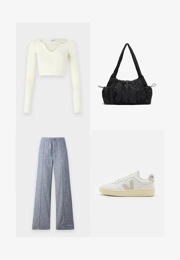 Crop top en tricot blanc cassé. Manches longues avec texture côtelée et petits détails en découpe autour de l'encolure.; Pantalons larges en tissu bleu clair avec une texture subtile, dotés d'une taille élastiquée et d'un cordon de serrage pour l'ajustement.; Baskets blanches en cuir avec des accents en daim beige, boîte à orteils perforée, lacets plats et semelle texturée crème. Présente un logo discret au talon.; Sac à main en tissu noir avec texture froncée, deux poignées pour l'épaule et fermeture à cordon sur les côtés. Matériau lisse et léger.