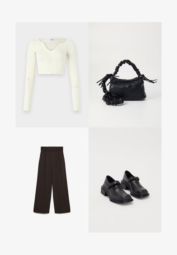 Crop top van off-white gebreid materiaal. Lange mouwen met ribbeltextuur en kleine uitsnijdingen rond de halslijn.; Wijde broekspijpen van donkerbruine stof, met een hoge tailleband, twee steekzakken aan de voorkant en twee knopen aan de voorkant als sluiting. Gladde textuur.; Zwarte leren schoenen met een ronde neus, platte zool en een band met een gespdetail. Stevige blokhak voor extra stabiliteit.; Zwarte nepleer handtas met een krokodillenstructuur, opgedroogde bovenkant en een gekreukte hengsel. Het lijkt zacht en compact van ontwerp.