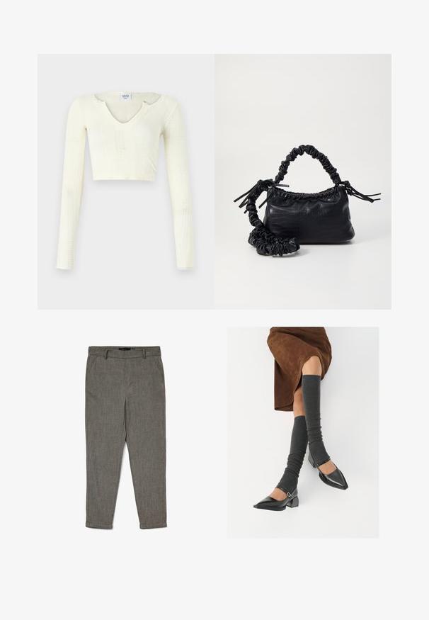 Kratka majica iz off-white pletenine. Dolgi rokavi z rebrastim vzorcem in manjšimi izrezi okoli izreza.; Moške sivo taperirane oblečne hlače z zankami za pas, stranskimi žepi in manšetami, izdelane iz teksturirane tkanine.; Črne lakirane čevlje s pointy prsti in blok peto ter z naramnicami za gleženj, ki jih kombiniramo s sivimi rebrastimi nogavicami in rjavim suknjičem iz usnja.; Črna torbica iz umetnega usnja s krokodilovo teksturo, z zvitim vrhom in zmečkano naramico. Zdi se mehka in kompaktna v oblikovanju.
