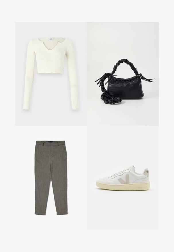 Off-white kötött anyagú crop top. Hosszú ujjak, bordás textúrával és kis kivágásokkal a nyakkivágás körül.; Férfi szürke, fazonra szabott öltöny nadrág övhurkokkal, oldalsó zsebekkel és felhajtott szegélyekkel, textúrált anyagból készült.; Fehér bőr sneaker bézs velúr részletekkel, perforált orr résszel, lapos fűzőkkel és textúrált krémszínű talppal. Finom márkajelzés található a sarkán.; Fekete műbőr kézi táska krokodil bőr textúrával, összehúzható tetejű és gyűrt pánttal. Lágy és kompakt dizájnúnak tűnik.