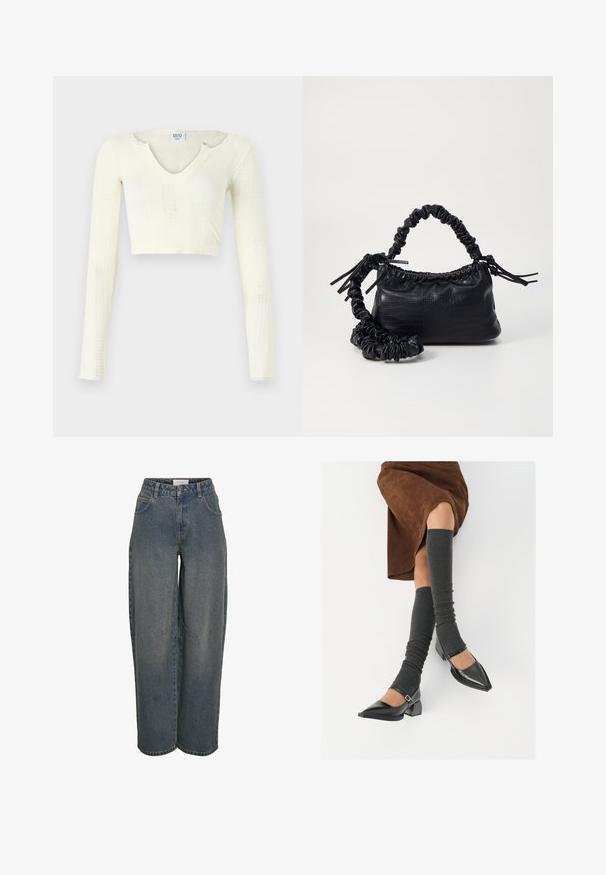 Kratki top od pamučne pređe u off-white boji. Dugi rukavi s rebrastom teksturom i malim izrezima oko dekoltea.; Široke traperice u tamnoplavoj boji, izrađene od teksturirane pamučne tkanine. Sadrže prednje džepove i zatvaranje na patentni zatvarač s dugmetom.; Crne lakirane cipele s šiljastim prstima, blok-petom i remenom oko gležnja, uparene s sivim rebrastim čarapama do koljena i smešnom suknjom od antilopa.; Crna torba od umjetne kože s teksturom krokodila, s cinčanim vrhom i naboranom trakom. Izgleda mekano i kompaktno u dizajnu.