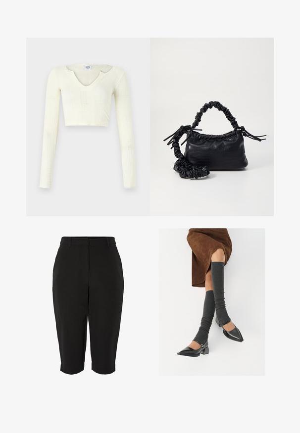 Top crop em material de malha off-white. Mangas longas com textura canelada e pequenos recortes à volta do decote.; Calças capri pretas com uma textura suave, apresentando um design ajustado, frente lisa e punhos cosidos. Sem bolsos visíveis ou adornos.; Sapatos pretos de pele lacada com biqueira pontuda, salto bloco e tiras no tornozelo, combinados com caneleiras cinzas em malha e uma saia de camurça castanha.; Bolsa de mão em couro sintético preto com textura de crocodilo, topo franzido e alça enrugada. Apresenta um design suave e compacto.