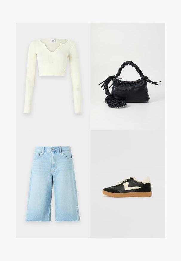 Crop-Top aus cremefarbenem Strickmaterial. Lange Ärmel mit gerippter Textur und kleinen Aussparungen am Kragen.; Helle blaue Denim-Shorts mit lockerer Passform, ausgefranstem Saum, fünf Taschen und Metallbeschlägen. Klassisches Jeansdesign mit subtilen Ausbleichungen.; Schwarze Wildleder- und Leder-Sneaker mit einem cremefarbenen Seiten-Swoosh und einer hellcremefarbenen Ferse. Ausgestattet mit beige Schnürsenkeln und einer Gummilaufsohle.; Schwarze Handtasche aus Kunstleder mit Krokodilstruktur, gerafftem oberen Teil und einem geschoppten Tragegurt. Sie wirkt weich und kompakt im Design.