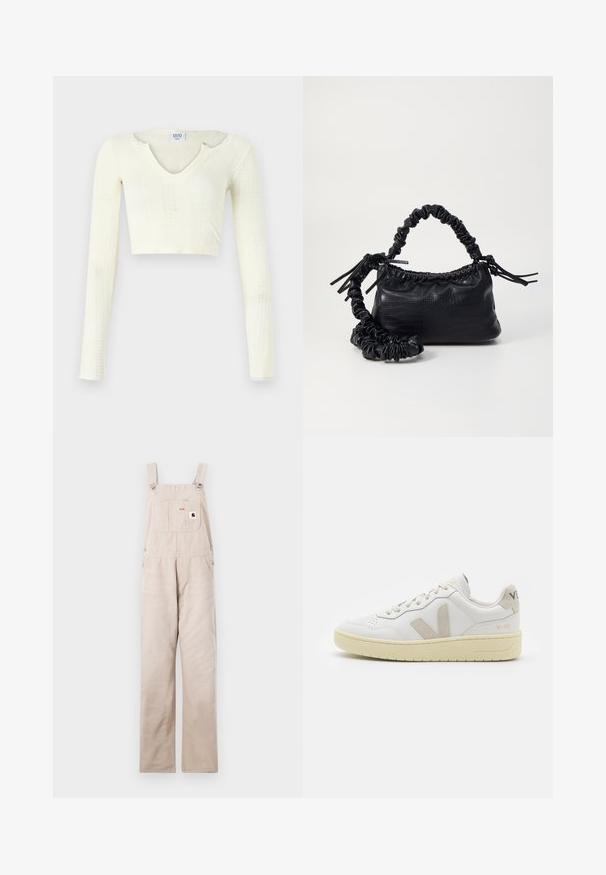 Kratki top od pamučne pređe u off-white boji. Dugi rukavi s rebrastom teksturom i malim izrezima oko dekoltea.; Bež traperice na bretele s podesivim trakama, prednjim džepom i oznakom s logotipom. Ravne nogavice, glatka tekstura i bez ukrasa.; Bijele kožne tenisice s bež nubuk naglascima, perforiranim prednjim dijelom, ravnim čipkama i teksturiranom kremastom potplatom. Sadrži suptilni brend na pete.; Crna torba od umjetne kože s teksturom krokodila, s cinčanim vrhom i naboranom trakom. Izgleda mekano i kompaktno u dizajnu.