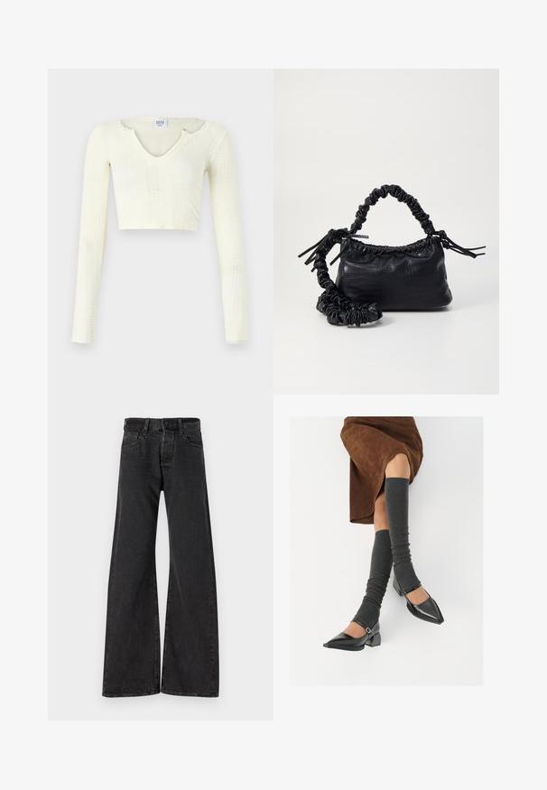 Kratki top od pamučne pređe u off-white boji. Dugi rukavi s rebrastom teksturom i malim izrezima oko dekoltea.; Crne široke traperice od denima. Imaju kopčanje na dugme, petlje za remen i dva prednja džepa. Suptilna tekstura vidljiva na tkanini.; Crne lakirane cipele s šiljastim prstima, blok-petom i remenom oko gležnja, uparene s sivim rebrastim čarapama do koljena i smešnom suknjom od antilopa.; Crna torba od umjetne kože s teksturom krokodila, s cinčanim vrhom i naboranom trakom. Izgleda mekano i kompaktno u dizajnu.