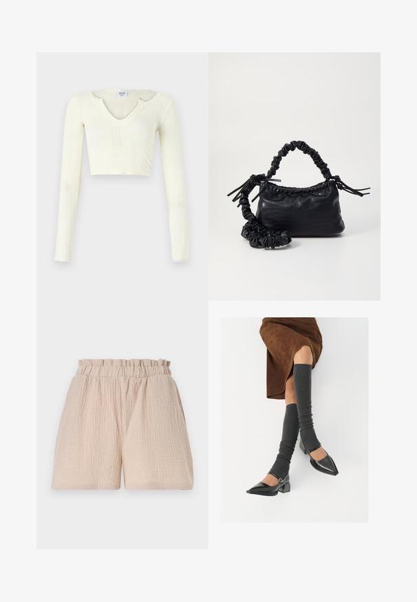 Pruhovaný crop top z off-white pleteniny. Dlhé rukávy s rebrovanou textúrou a malými výrezmi okolo výstrihu.; Svetlo béžové šortky s vrásčitou textúrou a elastickým pásom. Dizajn má voľný strih a žiadne ďalšie detaily ani vzory.; Čierne lakované kožené topánky s špicatou špičkou, blokovým podpätkom a členkovým remienkom, ktoré sú kombinované so šedými rebrovanými legínami a hnedou zamšovou sukňou.; Čierna umelá kožená kabelka s kroko vzorom, sťahovaným vrchom a zhnutým popruhom. Vyzerá mäkko a kompaktné v dizajne.