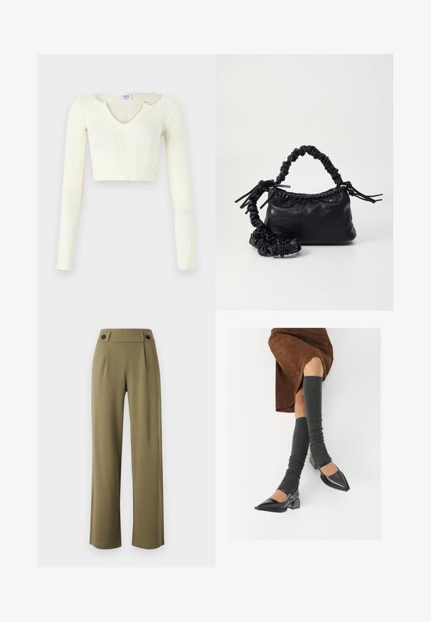 Kratký top v off-white pleteném materiálu. Dlouhé rukávy s ribbenou strukturou a malými výřezy kolem výstřihu.; Olivově zelené, široké kalhoty s vysokým pasem, obsahující dva černé knoflíky na pase a přední sklady. Hladká textilie.; Černé lakované boty s špičatou špičkou, blokovým podpatkem a kotníkovým páskem, spárované s šedými žebrovanými návleky na nohy a hnědskou sukní z semiše.; Černá kabelka z umělé kůže s krokodýlím vzorem, staženým vrškem a zmačkaným popruhem. Zdá se, že má měkký a kompaktní design.