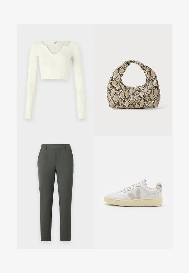 Crop top in off-white knit material. Long sleeves with ribbed texture and small cut-out details around the neckline.; Dark green trousers with a tailored fit, featuring two side pockets, a zip fly, and pleat details for structured design.; White leather sneaker with beige suede accents, perforated toe box, flat laces, and a textured cream sole. Features subtle branding on heel.; Snake-print handbag with a curved handle. Made from textured, beige and brown materials, featuring a distinctive diamond pattern.