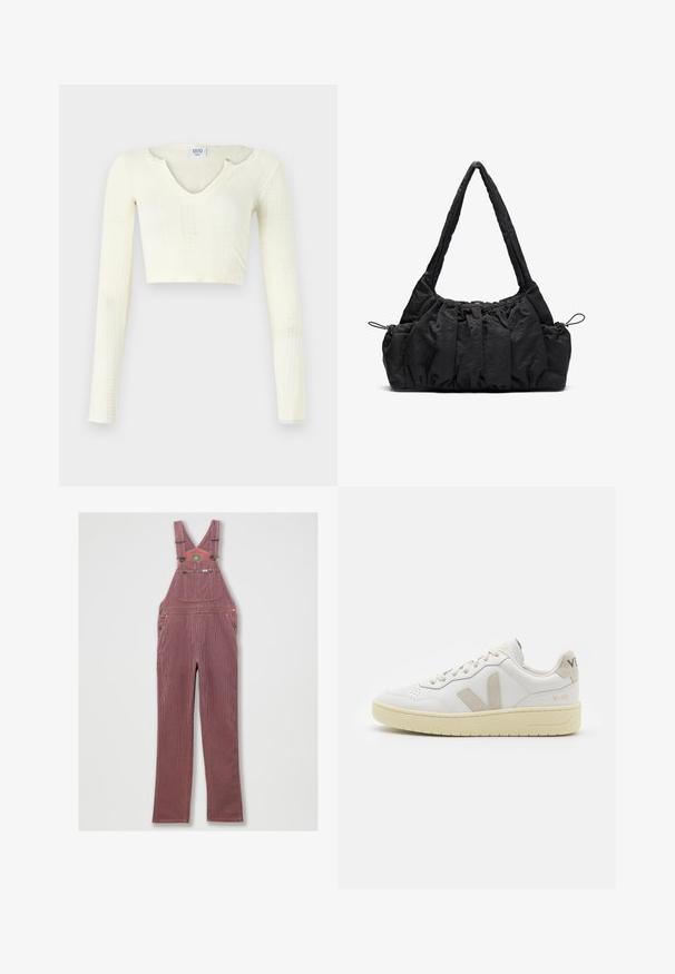 Crop top in off-white knit material. Long sleeves with ribbed texture and small cut-out details around the neckline.; Red-striped denim overall with adjustable shoulder straps, large front pocket, and side pockets. Features metal hardware and a stitched hem.; White leather sneaker with beige suede accents, perforated toe box, flat laces, and a textured cream sole. Features subtle branding on heel.; Black fabric handbag with gathered texture, two shoulder straps, and drawstring closure on sides. Smooth, lightweight material.