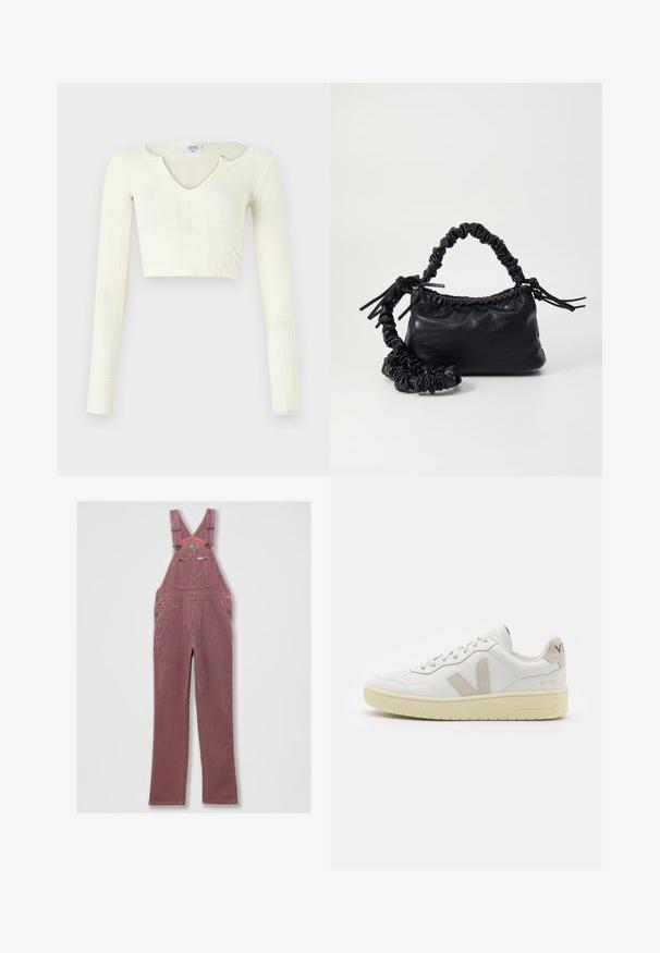 Top corto en material de punto blanco roto. Mangas largas con textura acanalada y pequeños detalles en forma de corte alrededor del escote.; Peto de mezclilla a rayas rojas con tirantes ajustables, gran bolsillo frontal y bolsillos laterales. Presenta herrajes metálicos y un dobladillo cosido.; Zapatilla de piel blanca con acentos de ante beige, caja de puntera perforada, cordones planos y suela texturizada en color crema. Cuenta con un branding sutil en el talón.; Bolso de mano de imitación cuero negro con textura de cocodrilo, parte superior fruncida y correa arrugada. Presenta un diseño suave y compacto.