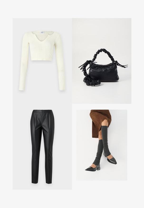 Top typu crop w off-white dzianinie. Długie rękawy o prążkowanej teksturze oraz małe wycięcia wokół dekoltu.; Czarne spodnie z ekoskóry o slim fit, z wysokim stanem, fałdami z przodu i gładką fakturą. Bez widocznych elementów metalowych ani wzorów.; Czarne lakierowane buty na szpilce z prostokątnym obcasem i paskiem na kostce, zestawione z szarymi prążkowanymi ocieplaczami na nogi oraz brązową zamszową spódnicą.; Czarna torebka z syntetycznej skóry o teksturze krokodyla, z zaciąganym górnym zamknięciem i marszczonym paskiem. Wygląda na miękką i zwartą w designie.