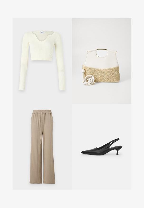Off-white kötött anyagú crop top. Hosszú ujjak, bordás textúrával és kis kivágásokkal a nyakkivágás körül.; Beige, széles lábú nadrág könnyű anyagból. Rugalmas derékpánttal és zsinórral, valamint oldalsó zsebekkel rendelkezik. Simább textúra.; Fekete bőr szandálcipő hegyes orral és karcsú, ívelt sarokkal. Diszkrét, állítható pánttal rendelkezik, fém csattal.; Fehér bőr kézitáska texturált krémszínű, szőtt anyagú aljjal. Aranyszínű fogantyúval és tekert fehér pánttal rendelkezik a sokoldalúság érdekében.