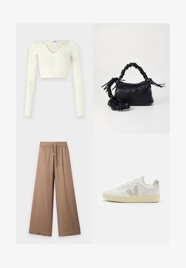 Lyhyt toppi off-white neulemateriaalista. Pitkät hihat, joissa on ribbitekstuuri ja pieniä leikkuukohtia kauluksessa.; Vaatteet leveälahkeiset housut kevyessä ruskeassa kankaassa, joissa on joustava vyötärö ja nauhakuji, sekä sileä, teksturoitu pinta.; Valkoiset nahkakengät, joissa on vaaleanruskeat pigmenttisuojat, rei'itetty kärki, litteät nauhat ja teksturoitu kermaisa pohja. Takana on huomaamaton brändäys.; Must-have mustekahvi nahkalaukku krokotiiliaistalla, kiristetty yläosa ja rypistetty hihna. Näyttää pehmeältä ja kompaktilta muotoilultaan.