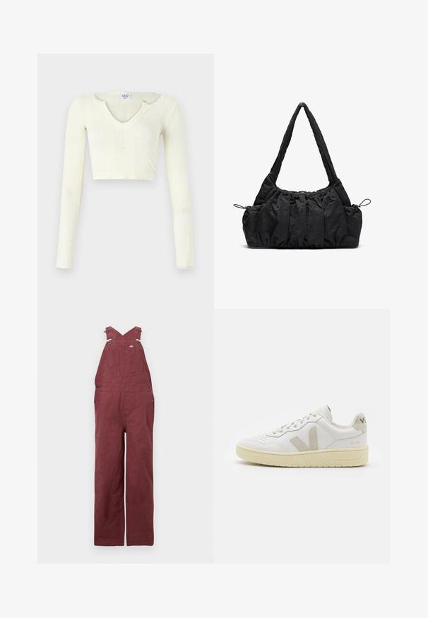 Top crop em material de malha off-white. Mangas longas com textura canelada e pequenos recortes à volta do decote.; Macacão bordeaux feito de algodão, com alças cruzadas, bolsos frontais e detalhes em metal. Textura suave e ajuste descontraído.; Sapatilha de couro branca com detalhes em camurça bege, biqueira perfurada, atacadores planos e sola texturizada creme. Apresenta uma marcação subtil no calcanhar.; Mala de tecido preto com textura franzida, duas alças de ombro e fecho de cordão nas laterais. Material suave e leve.