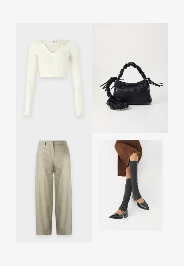 Kort topp i off-white stickad material. Långa ärmar med ribbad struktur och små utskärningar runt halsringningen.; Beige vida byxor i slät tyg. Har veck, dragkedja och bältesögglor. Rak passform från midja till nederkant.; Svarta lackläderskor med spetsig tå, blockklack och ankelrem, i kombination med grå ribbade benvärmare och en brun mockakjol.; Svart faux läderhandväska med krokodiltextur, snodd topp och en skrämd rem. Ser mjuk och kompakt ut i designen.