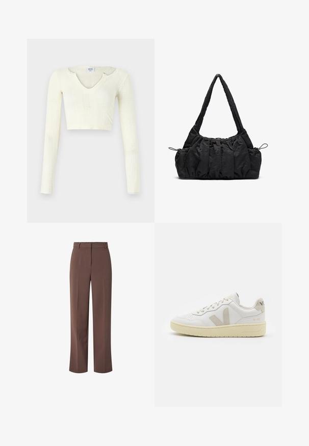 Top typu crop w off-white dzianinie. Długie rękawy o prążkowanej teksturze oraz małe wycięcia wokół dekoltu.; Brązowe, wysokiej talii, dopasowane spodnie z paskiem i z przodu na zamek błyskawiczny, o prostym kroju nogawki.; Białe skórzane trampki z beżowymi zamszowymi akcentami, perforowanym noskiem, płaskimi sznurowadłami i teksturowaną kremową podeszwą. Posiadają subtelne logo na pięcie.; Czarna torebka z tkaniny z marszczoną fakturą, z dwoma ramiączkami i sznurkiem do ściągania po bokach. Gładki, lekki materiał.