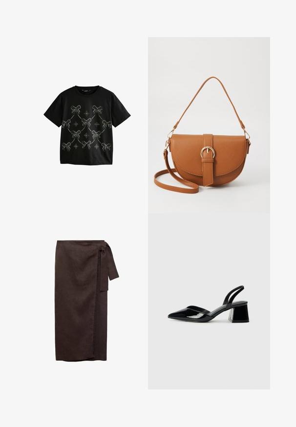 Crna majica kratkih rukava sa srebrnim cirkonima u obliku mašnica i zvjezdanih uzoraka raspoređenih u drapiranom dizajnu na prednjoj strani.; Smeša od smeđe lanene tkanine suknja s vezanim strukom, ravna silueta i razderan rub. Mekani materijal i dizajn do poda.; Crne lakirane kožne sandale s otvorenom petom i špicastim vrhom, s geometrijskom blok petom. Imaju elegantan, minimalistički dizajn i glatku teksturu.; Smeđa kožna torba preko tijela s zakrivljenim oblikom, zlatnim metalnim detaljima i naglaskom na kopču. Ima odvojivu naramenicu.