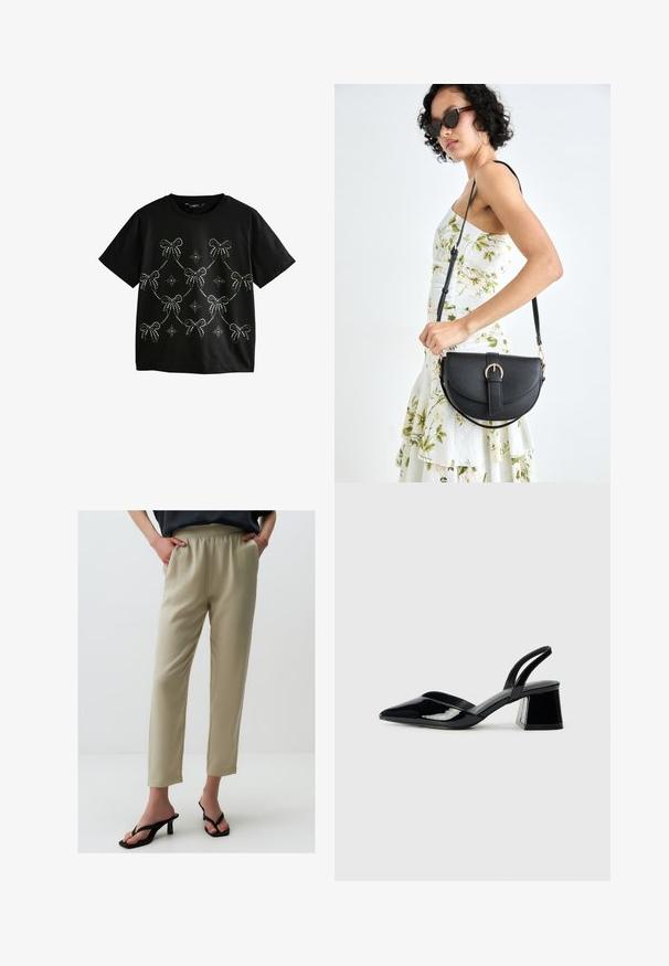 Black short-sleeve t-shirt with silver rhinestone bows and star patterns arranged in a draped design on the front.; Light beige, high-waisted pants with an elastic waistband, straight legs, and smooth texture. Paired with black heeled sandals.; Black patent leather slingback heels with a pointed toe and a geometric block heel. Features a sleek, minimal design and smooth texture.; Black leather handbag with a curved shape, detachable strap, and gold hardware. The bag features a flap with a buckle detail.