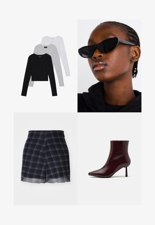 Trīs garām piedurknēm veidotas augšdaļas, sakrautās: melna, pelēka un balta. Katram ir noapaļots kakla izgriezums un īsa dizaina forma ar gludu, vieglu audumu.; Jūras zila skaitļu šortos ar gludu, vieglu audumu. Iekļauta plisejuma dizaina un caurspīdīga malas, ar baltu un gaiši pelēku pārbaudījumu rakstu.; Burgundijas lakota ādas potīšu zābaciņi ar smailu purngalu un šauru stiletto papēdi, kas izceļas ar gludu, spīdīgu tekstūru un minimālistisku dizainu.; Melnas kaķa acs saulesbrilles ar matētu apdari, kas izceļas ar elegantu dizainu un maigi izliektiem stūriem, fona attēlā ir modelis ar tumšām drēbēm.; Zelta krāsas auskari ar gludu, noapaļotu formu, kas izceļas ar atstarojumu un apakšējo stiprinājumu, nodrošinot drošu nēsāšanu.