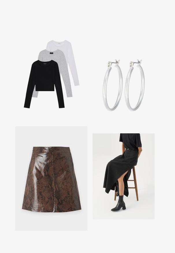 Trijų ilgomis rankovėmis marškinėlių krūva: juodas, pilkas ir baltas. Kiekvienas turi apvalų iškirpimą ir trumpą dizainą, pagamintas iš lygaus, lengvo audinio.; Ruda, dirbtinės gyvatės odos rašto mini sijonas su blizgiu, tekstūriniu paviršiumi; suteikia aptemptą liemenį ir yra sukurtas su lygiu siluetu.; Juoda lininė maksi sijonas su aukštu plyšiu, vilkimas su juodu marškinėliu ir juodais aulinukais. Minimalistinis dizainas su laisvu siluetu.; Sidabriniai auskarai su sklandžiu, poliruotu paviršiumi. Apvalios formos ir saugus uždarymo mechanizmas. Lengvas dizainas, tinkantis kasdieniam dėvėjimui.