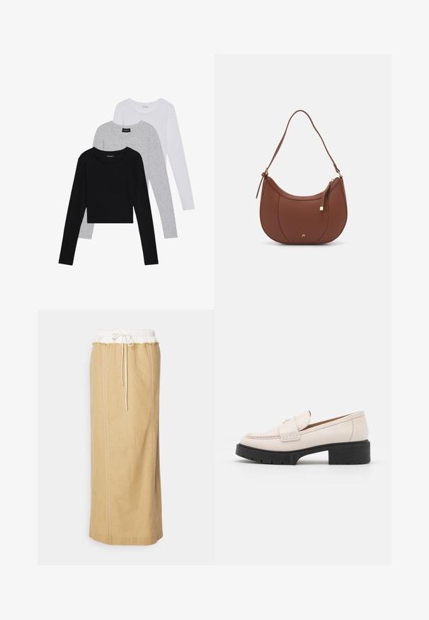 Tres camisetas de manga larga apiladas: negra, gris y blanca. Cada una tiene un escote redondo y un diseño recortado con una tela suave y ligera.; Larga falda de lino beige con una cinturilla elástica blanca, que presenta un cierre con cordón y costuras de contraste a lo largo de los lados.; Mocasines de cuero beige claro con un frente cosido y un tacón de plataforma negro texturizado. Presenta un diseño curvado y una ligera elevación.; Bolso de hombro de imitación cuero marrón con forma curva, costura mínima y un acento de hardware en tono dorado. Presenta un cierre de cremallera en la parte superior y una correa ajustable.; Pendientes de aro de plata con un acabado liso y pulido. Forma redonda y cierre de click seguro. Diseño ligero adecuado para el uso diario.