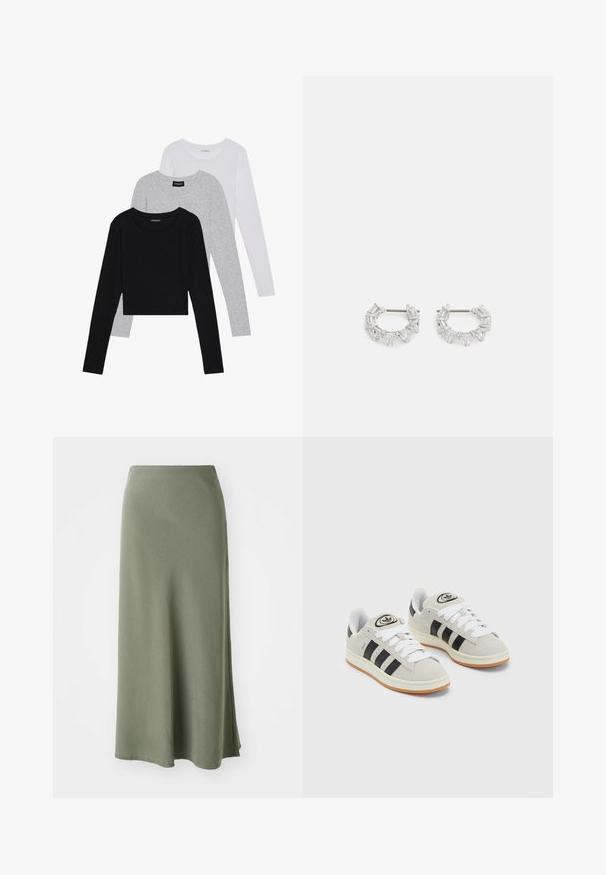 Trois hauts à manches longues empilés : noir, gris et blanc. Chacun a un col rond et un design court avec un tissu lisse et léger.; Jupe kaki, longueur genou, en tissu doux avec une texture lisse et une coupe évasée, présentant une fente sur le côté pour faciliter les mouvements.; Baskets en suède gris avec des lacets blancs, des rayures noires et une semelle en caoutchouc blanc. Présentent un logo circulaire sur la languette et une semelle en gomme.; Boucles d'oreilles en argent, ornées de cristaux clairs rectangulaires et triangulaires disposés en cercle autour d'un axe central pour le maintien.