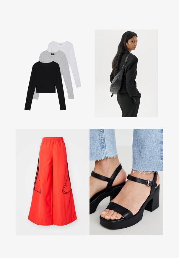 Drie langmouwige tops gestapeld: zwart, grijs en wit. Elke top heeft een ronde halslijn en een cropped ontwerp van soepel, lichtgewicht materiaal.; Rode wijde broekspijpen hebben een elastische tailleband, contrasterende zwarte zijkanten en twee externe zakken met gebogen openingen.; ALDO CELIE - Sandalen met hoge hak - black; Vrouw met lang donker haar in een zwart pak, met een zwart leren schoudertas, die over haar schouder kijkt tegen een witte achtergrond.