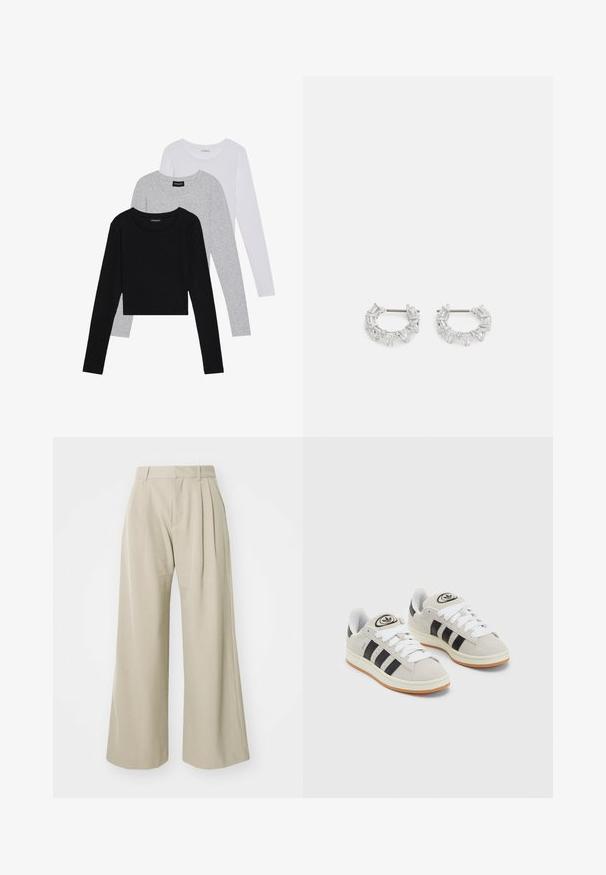 Trois hauts à manches longues empilés : noir, gris et blanc. Chacun a un col rond et un design court avec un tissu lisse et léger.; GAP TROUSER - Pantalon classique - medium cool brown; Baskets en suède gris avec des lacets blancs, des rayures noires et une semelle en caoutchouc blanc. Présentent un logo circulaire sur la languette et une semelle en gomme.; Boucles d'oreilles en argent, ornées de cristaux clairs rectangulaires et triangulaires disposés en cercle autour d'un axe central pour le maintien.