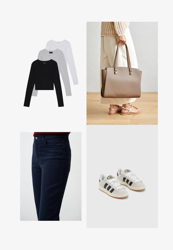 Trzy bluzki z długim rękawem ułożone jedna na drugiej: czarna, szara i biała. Każda z okrągłym dekoltem i skróconym fasonem, wykonana z gładkiego, lekkiego materiału.; Jeans w kolorze granatowym z mieszanki bawełny o dopasowanym kroju, z bocznymi kieszeniami i guzikiem w przedniej części pasa. Gładka tekstura i minimalne detale przeszyć.; Szare zamszowe trampki z białymi sznurówkami, czarnymi paskami i białą gumową podeszwą. Posiadają okrągłe logo na języku oraz gumową podeszwę.; Brązowa syntetyczna torba na ramię z dwoma długimi uchwytami, kwadratowymi metalicznymi akcentami i subtelnym logo. Noszona z jasną spódnicą w kolorze kremowym i sandałami.
