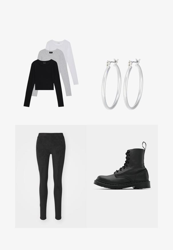 Trīs garām piedurknēm veidotas augšdaļas, sakrautās: melna, pelēka un balta. Katram ir noapaļots kakla izgriezums un īsa dizaina forma ar gludu, vieglu audumu.; Melnas legingu bikses, kas izgatavotas no mīksta, elastīga auduma. Tām ir augsts jostasvieds un gluda, matēta tekstūra bez redzamām šuvēm vai rakstiem.; Melnas ādas kaujas zābaki ar apaļu purngalu, auklām priekšā un cilpu potītes daļā. Iespējojums ir biezs gumijas zolei, kas nodrošina izturību.; Sudraba riņķveida auss gredzeni ar gludu, pulētu apdari. Apaļa forma un drošs klikšķa augšējais slēgums. Viegls dizains, kas piemērots ikdienas valkāšanai.